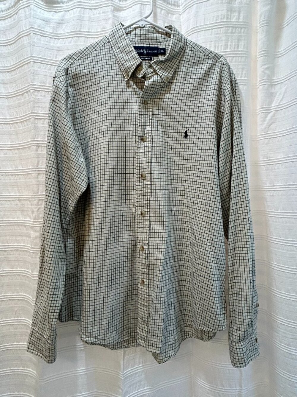 Polo Ralph Lauren Mens XL Custom Fit Button Down Shirt Cream Navy Plaid Check